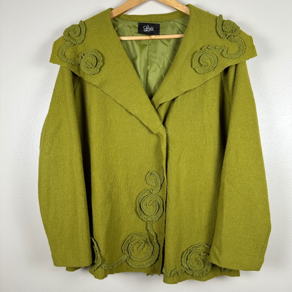 Luii Women's Large Jacket Chartreuse Green 100% Wool Crochet Swirl Art To Wear